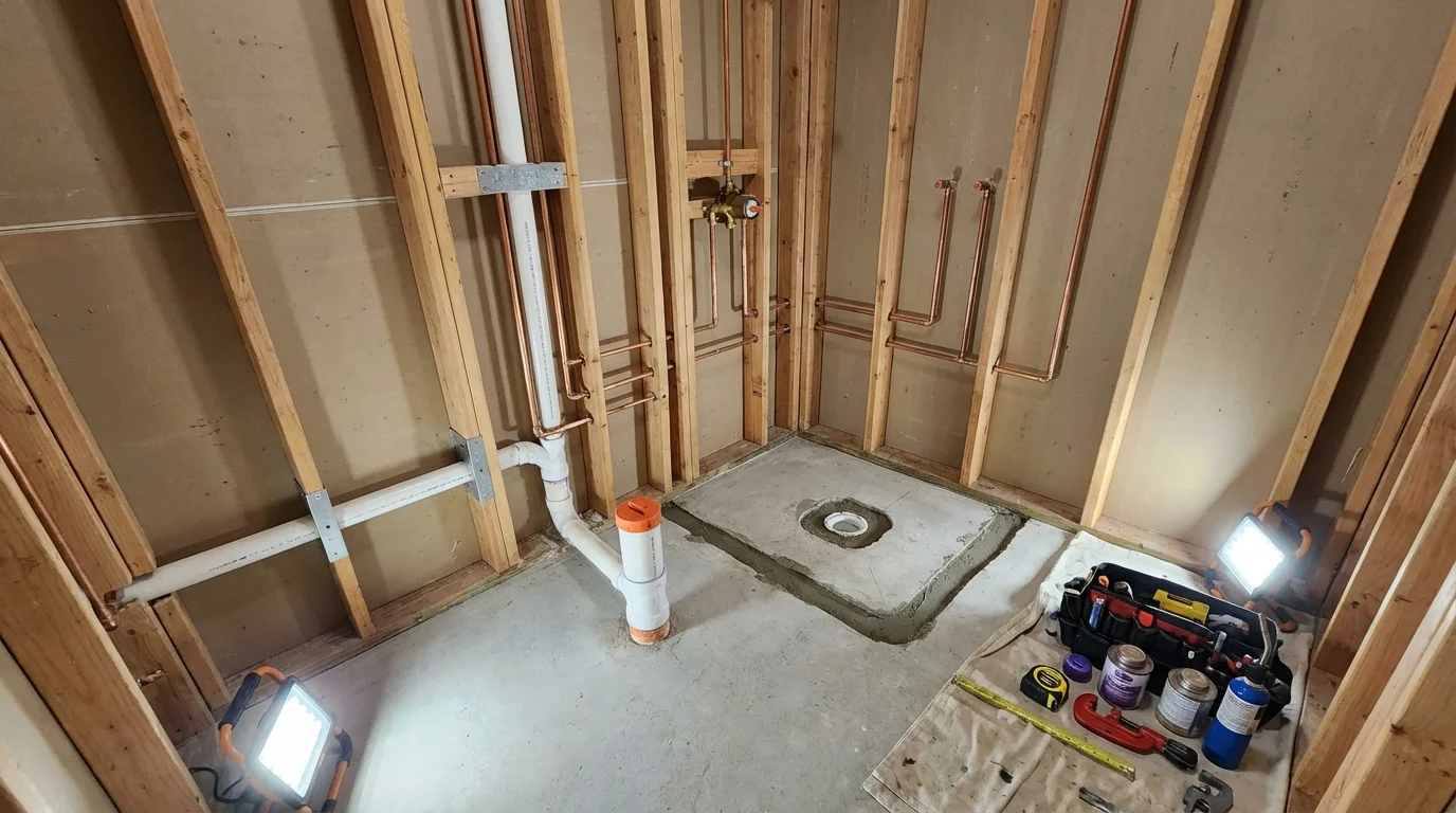 Bathroom rough-in plumbing during remodel by Johns Plumbing LLC in Loup City