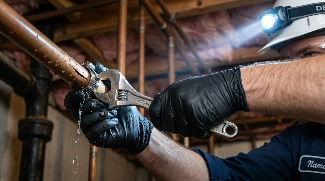 Emergency pipe clamp repair being performed by a Johns Plumbing LLC plumber in Loup City