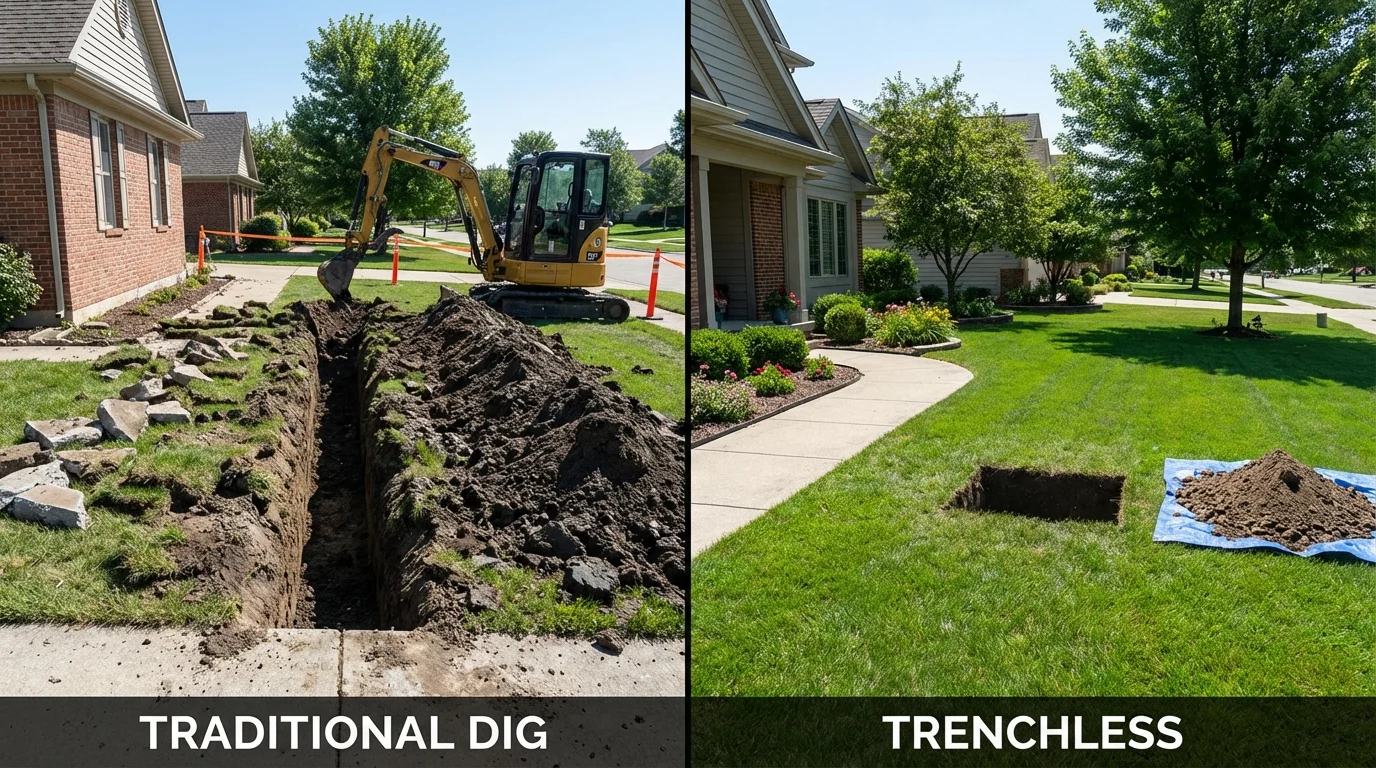 Trenchless sewer repair with minimal yard damage versus traditional excavation in Loup City, NE