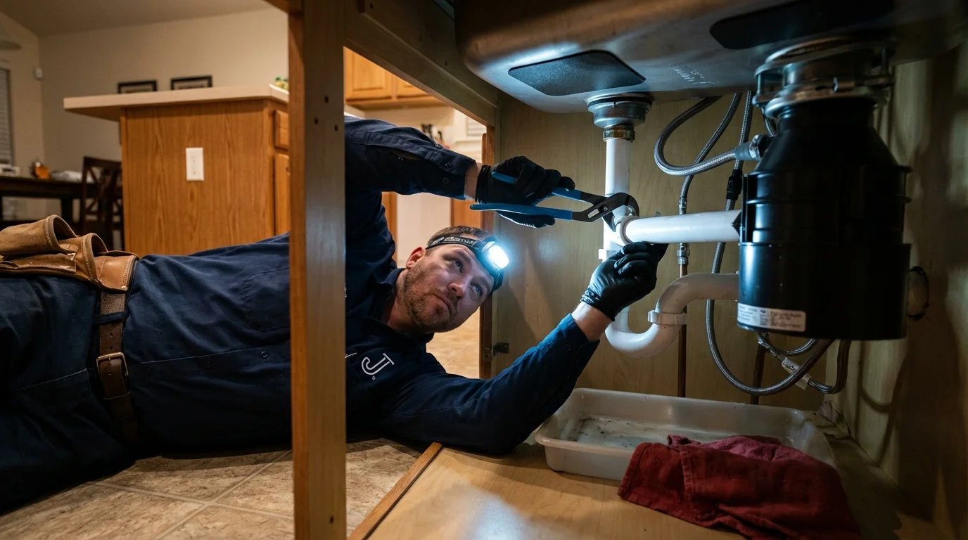 P-trap and supply line connections under a kitchen sink showing a common leak point in Loup City, NE